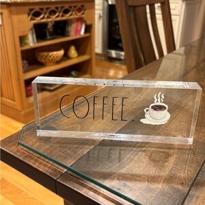 Rae Dunn Clear Acrylic Coffee Block Sign with Black Lettering and White Cup